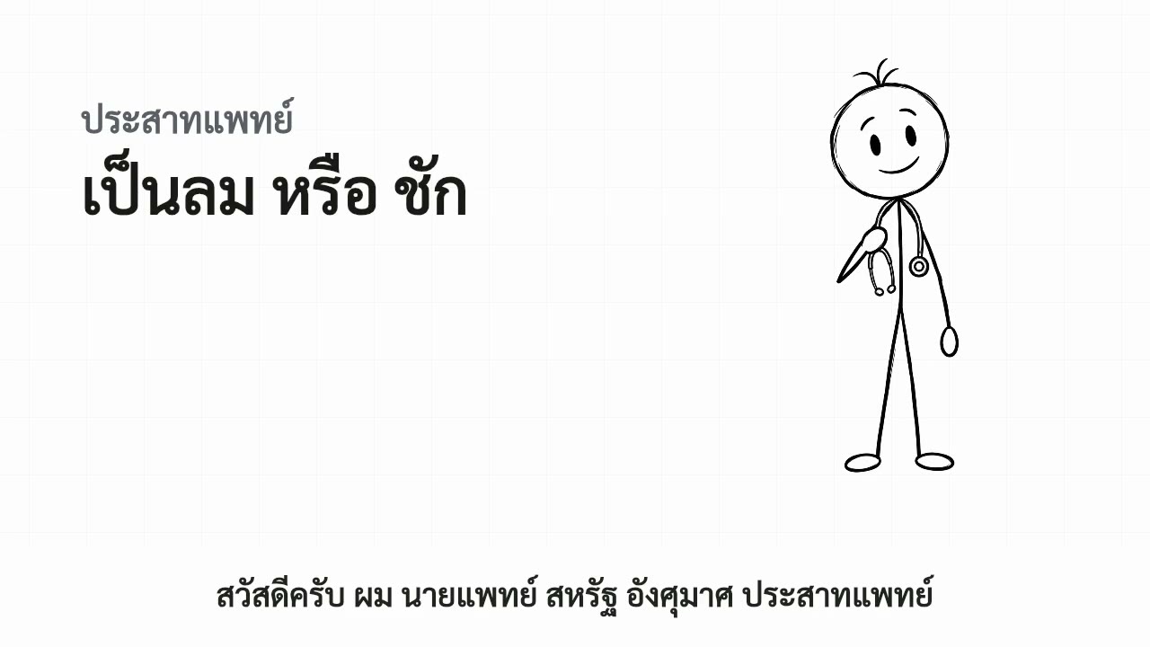 ภาพวาดเส้น ตัวการ์ตูนคนนอนหมดสติบนเตียง พร้อมคำว่า ล้ม หมดสติ แล้วฟื้น เป็นลม หรือ ชัก